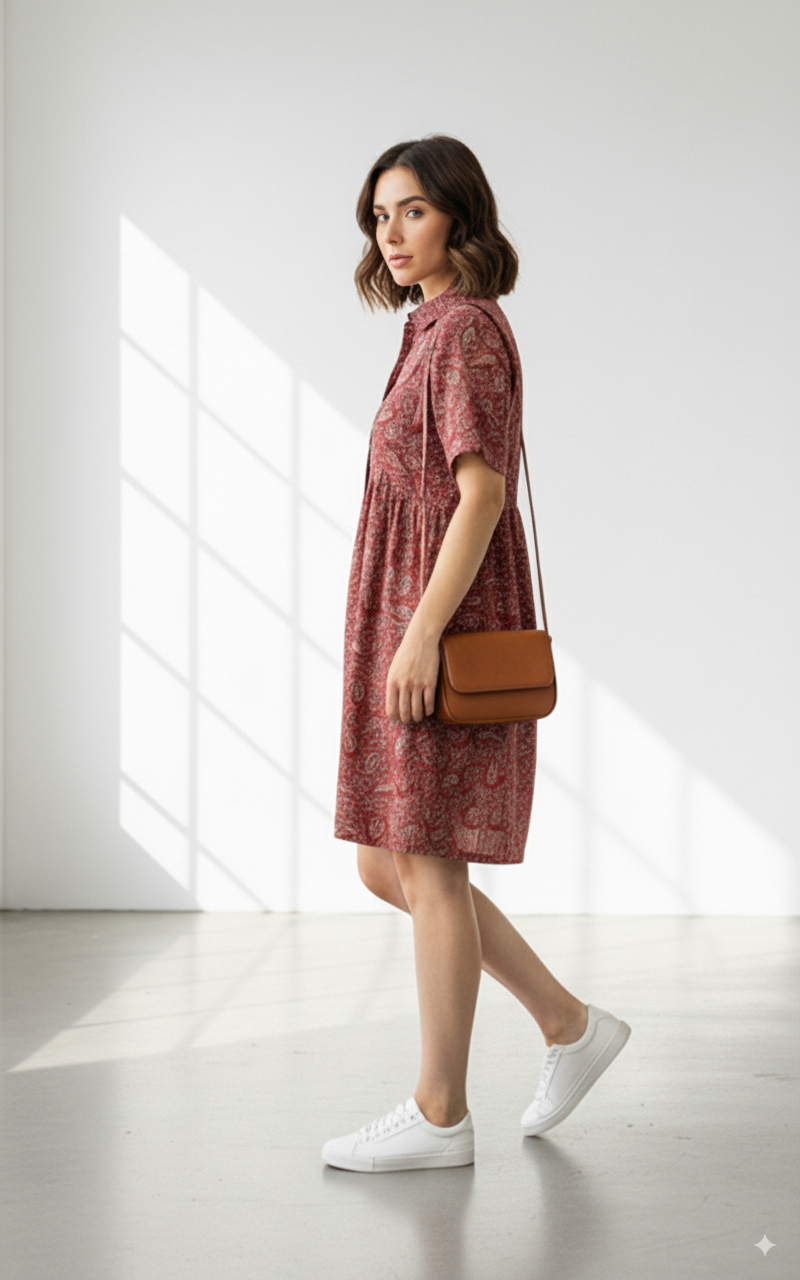 Model wearing the Heritage rust red paisley print dress, alternate view