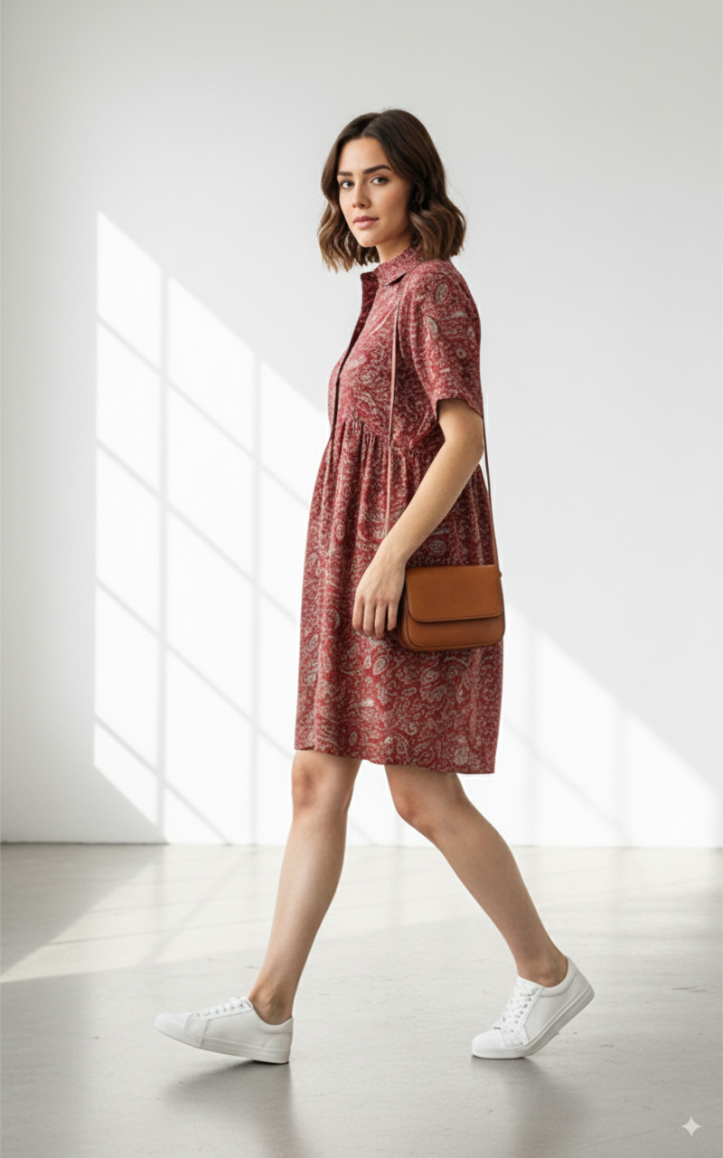Model wearing the Heritage rust red paisley print dress, view 4