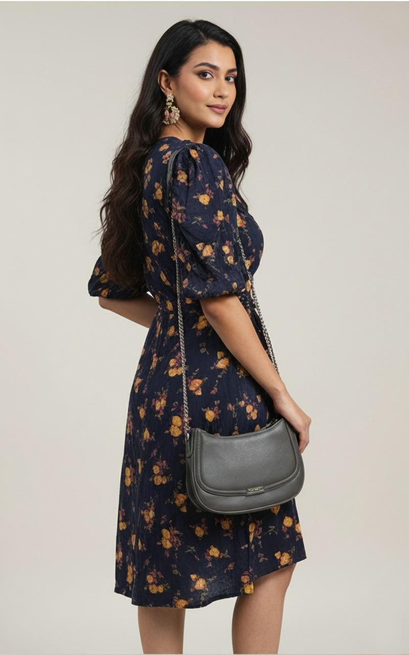 Model wearing the Midnight Bloom navy floral dress with puff sleeves, alternate view