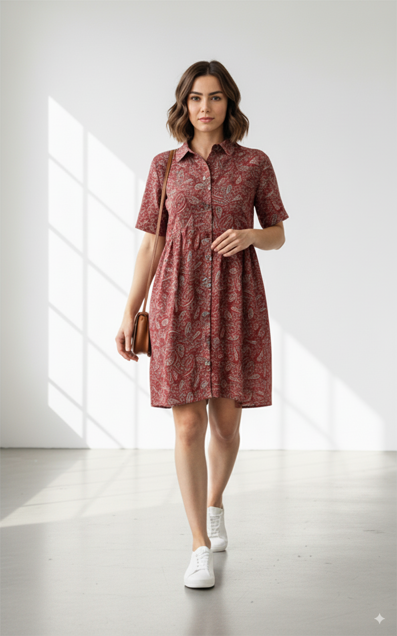 Model wearing the Heritage rust red paisley print dress
