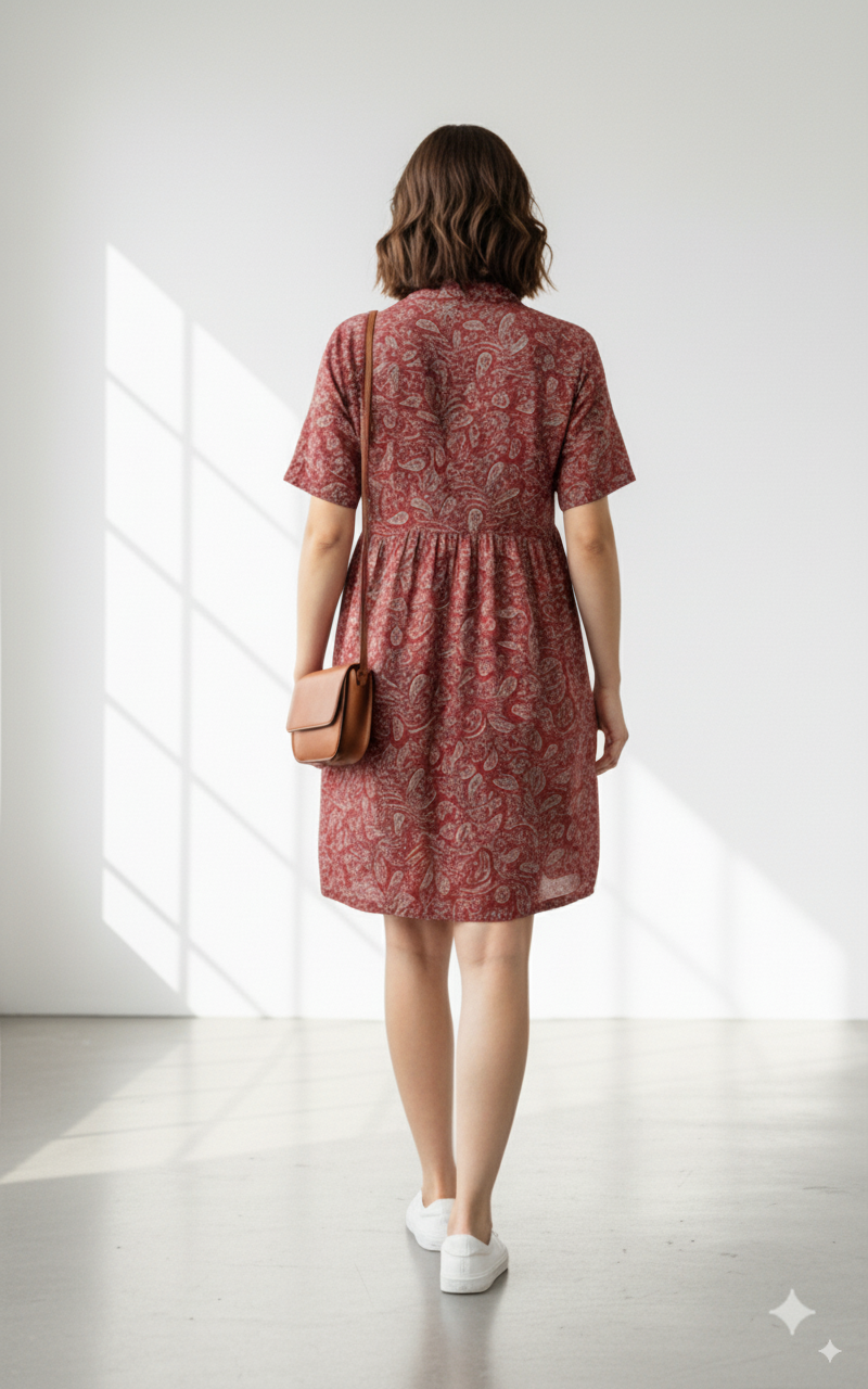 Model wearing the Heritage rust red paisley print dress, view 3